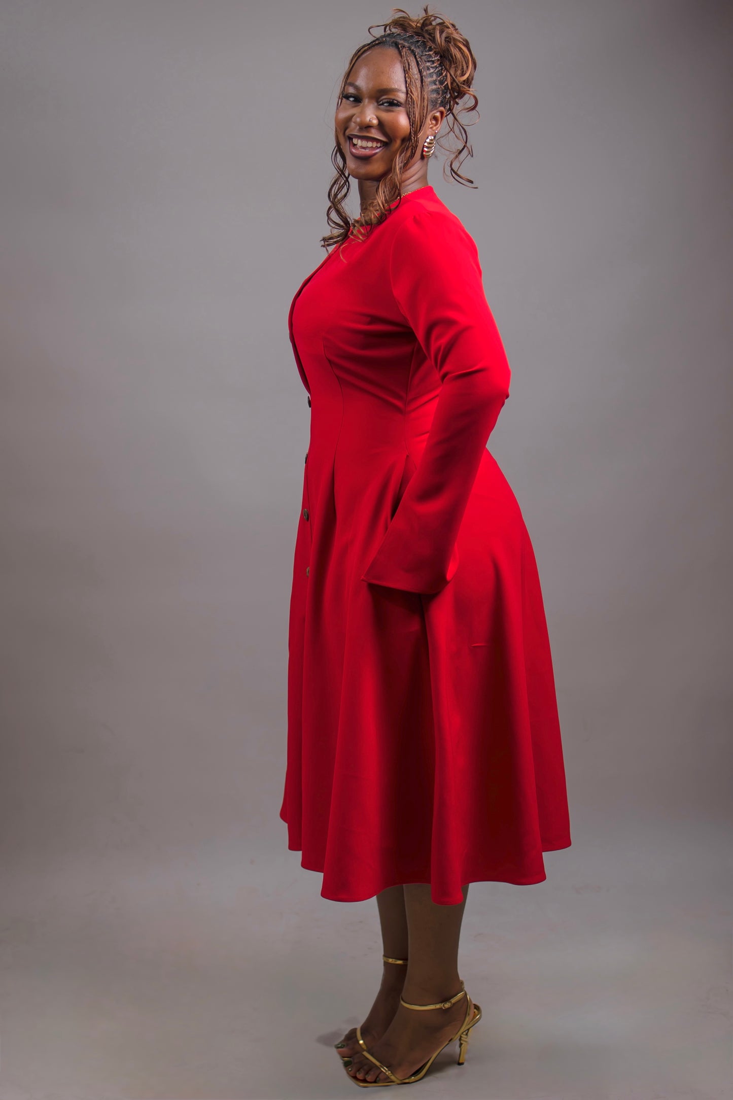 Button Down Long Sleeve Midi Dress (Red)
