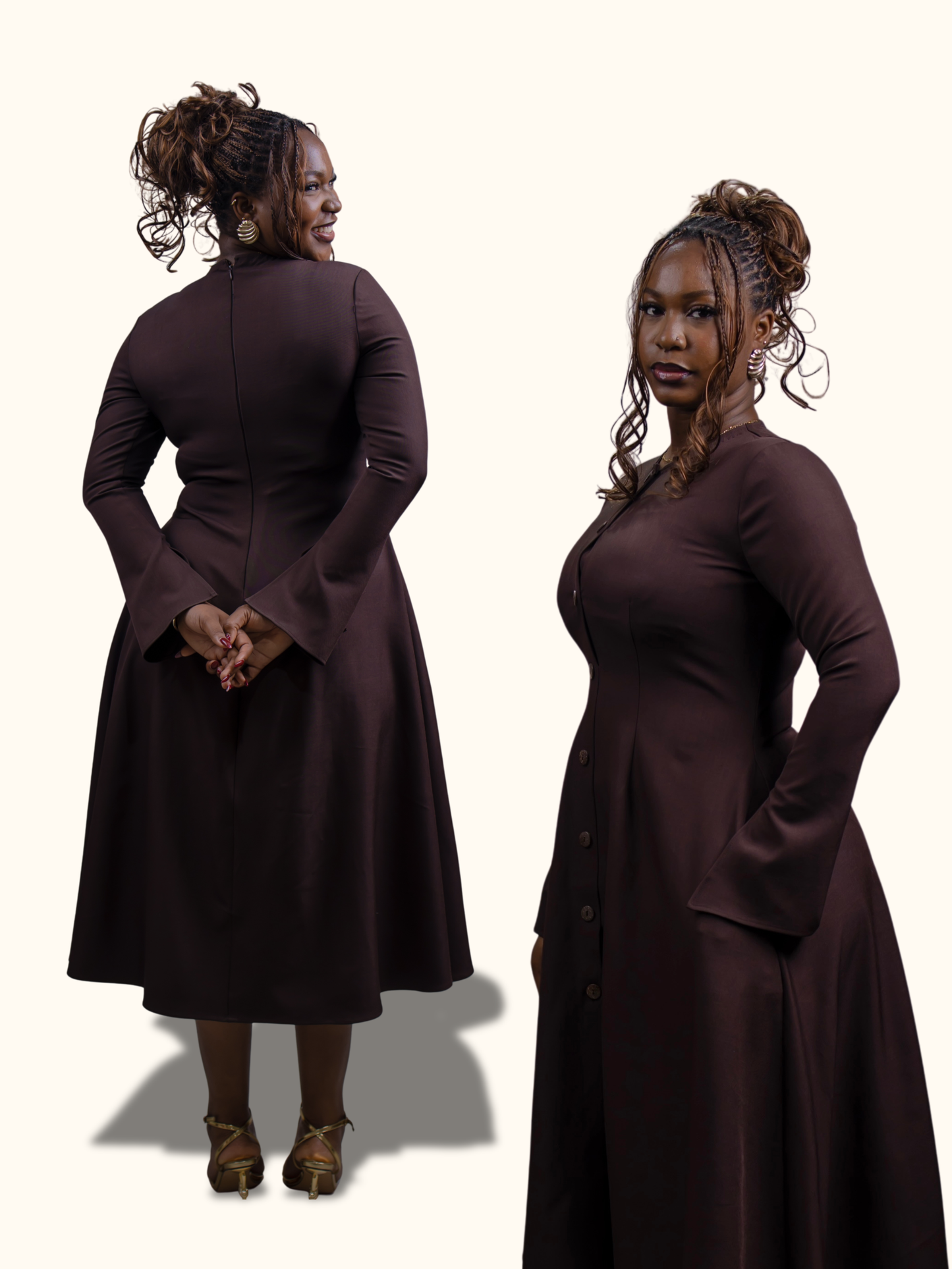 Button Down Long Sleeve Midi Dress (Brown)