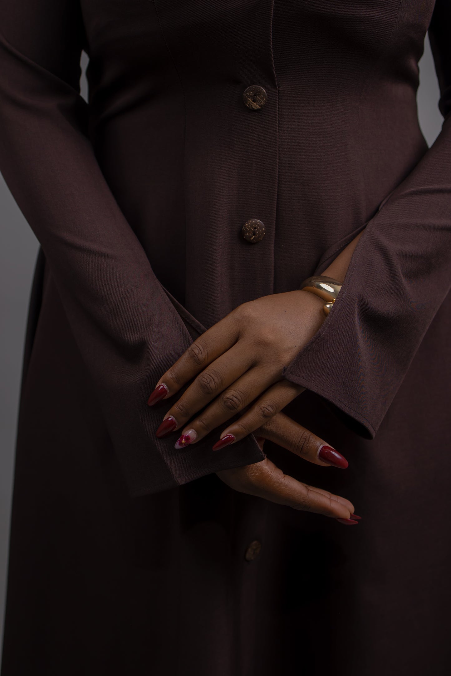 Elle Button Down Long Sleeve Midi Dress (Brown)