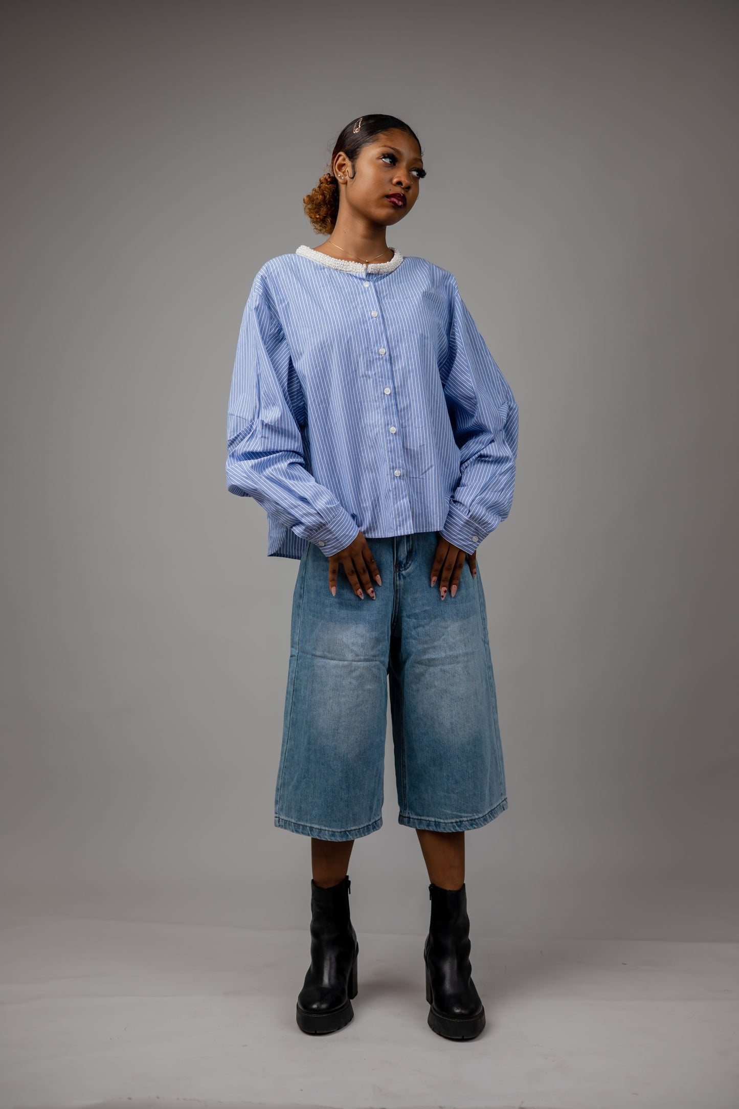 Striped Cotton Shirt with pearls