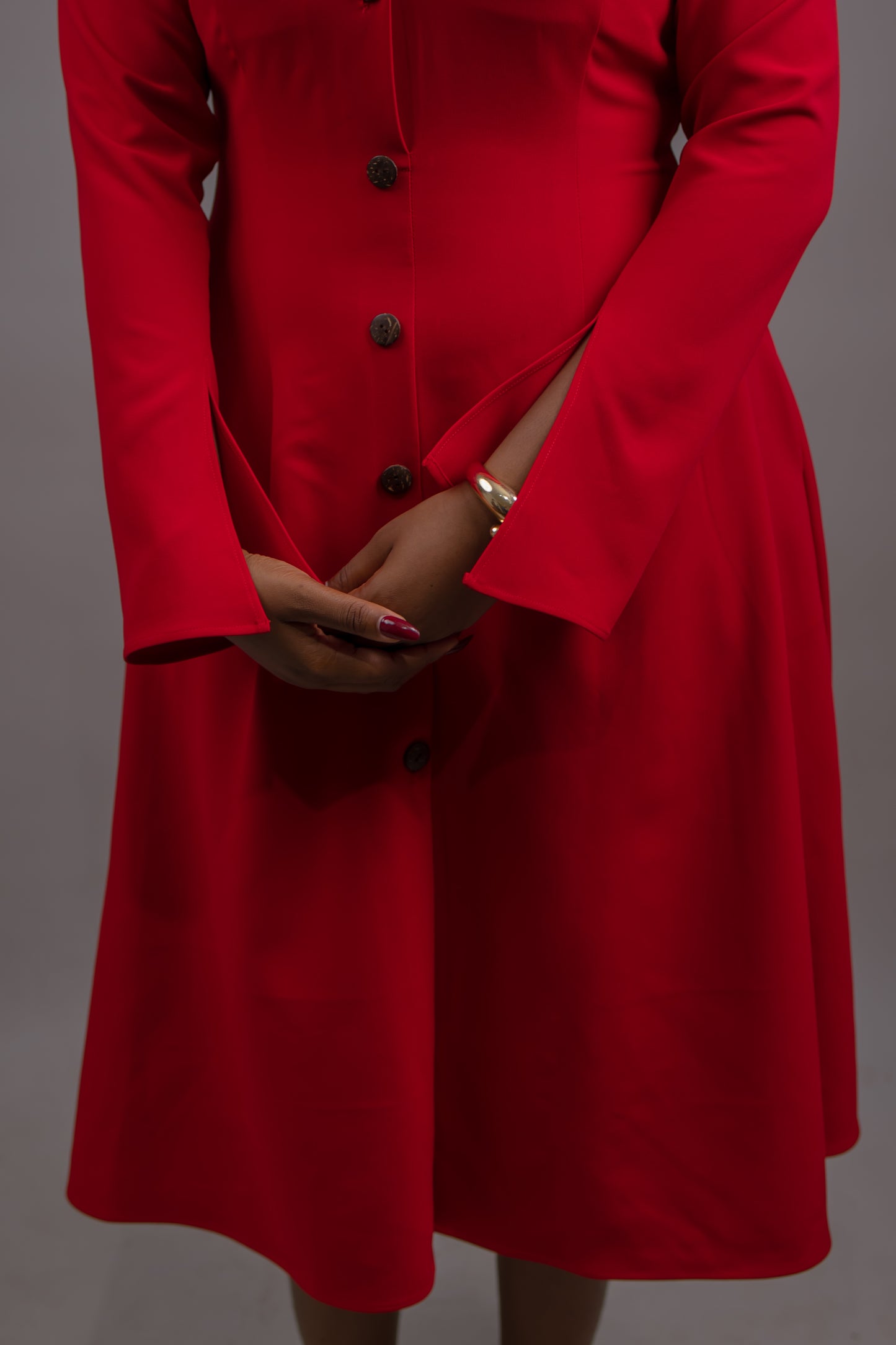 Button Down Long Sleeve Midi Dress (Red)