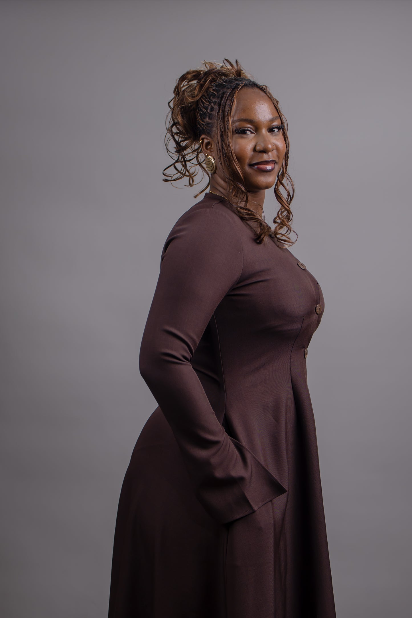 Elle Button Down Long Sleeve Midi Dress (Brown)