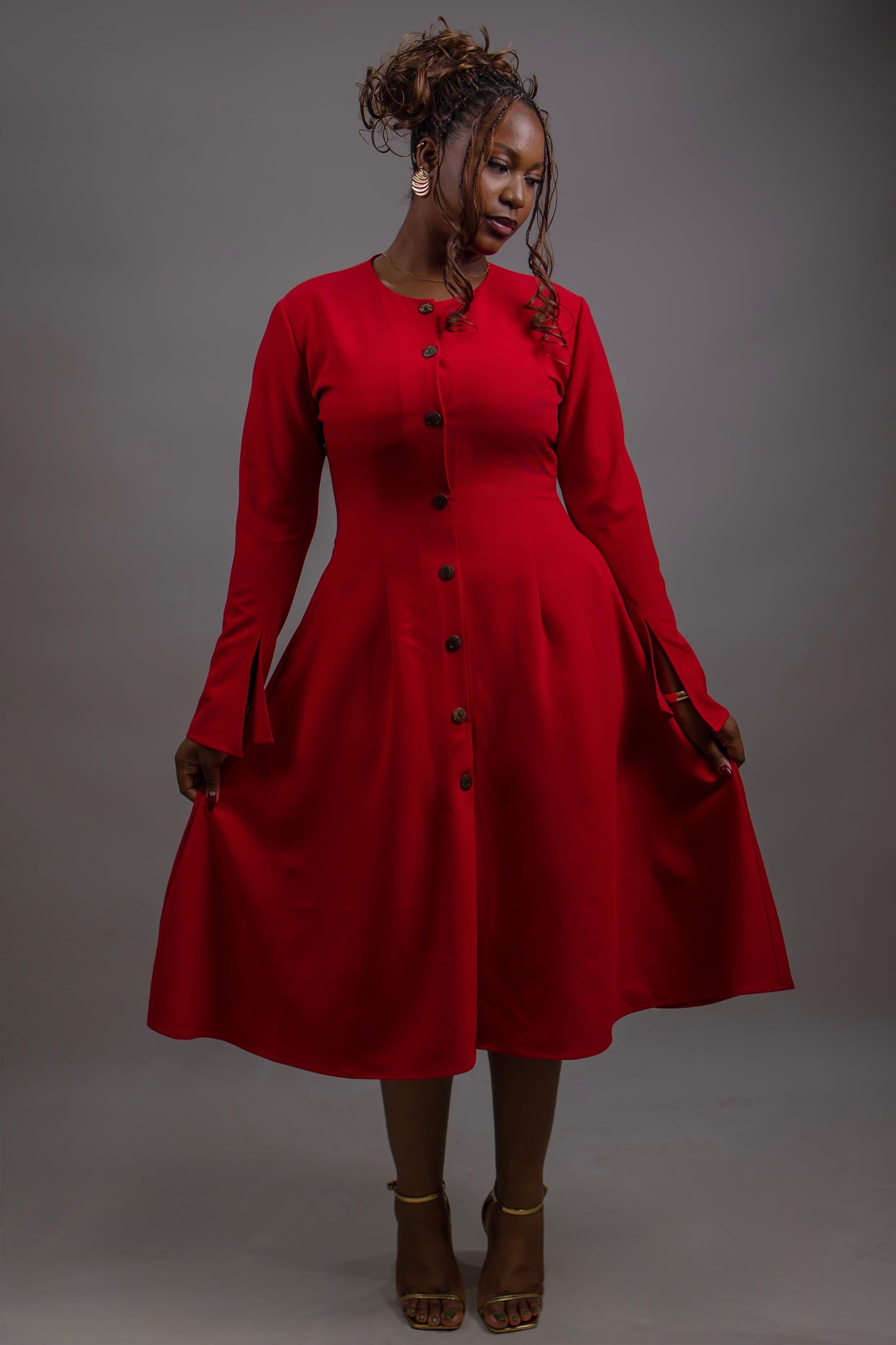 Button Down Long Sleeve Midi Dress (Red)