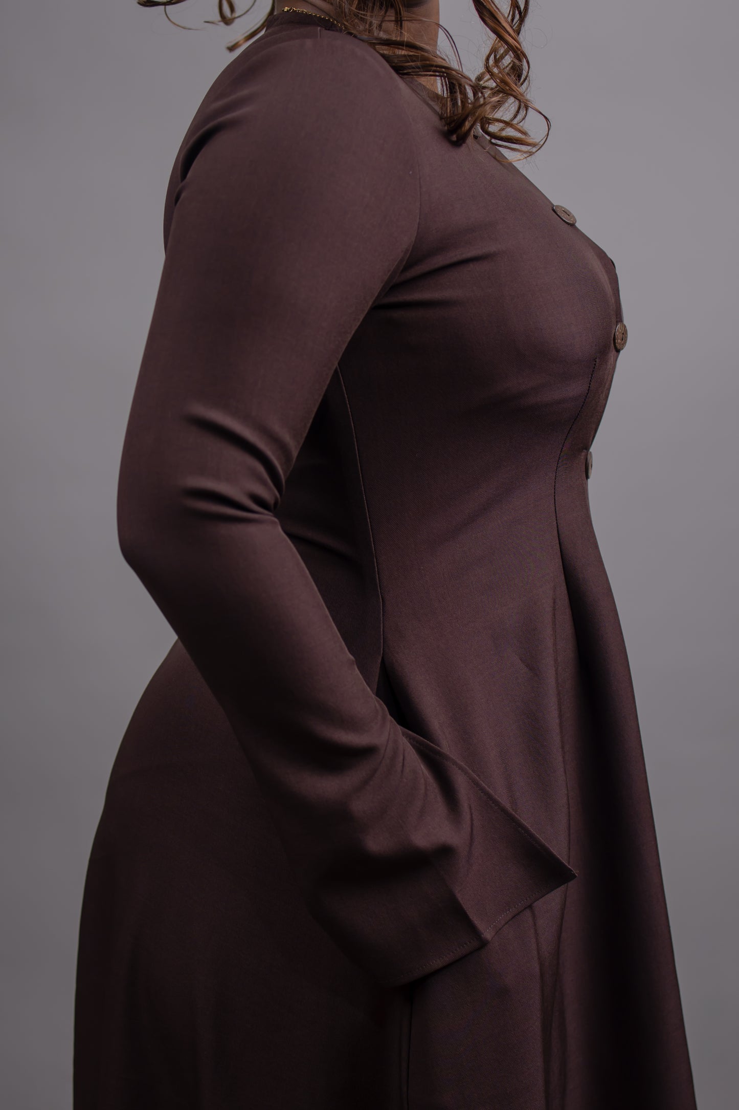 Elle Button Down Long Sleeve Midi Dress (Brown)