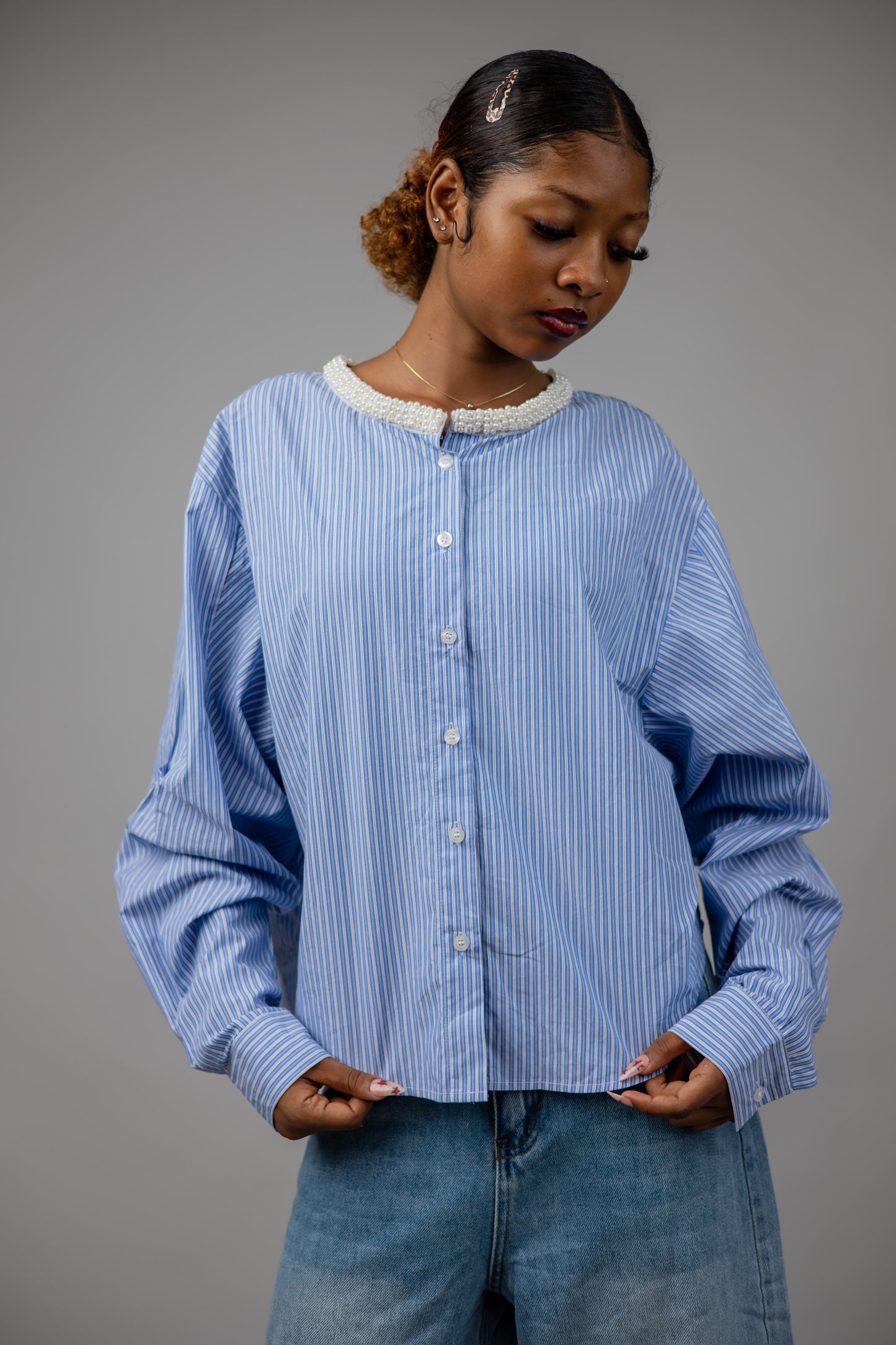 Striped Cotton Shirt with pearls