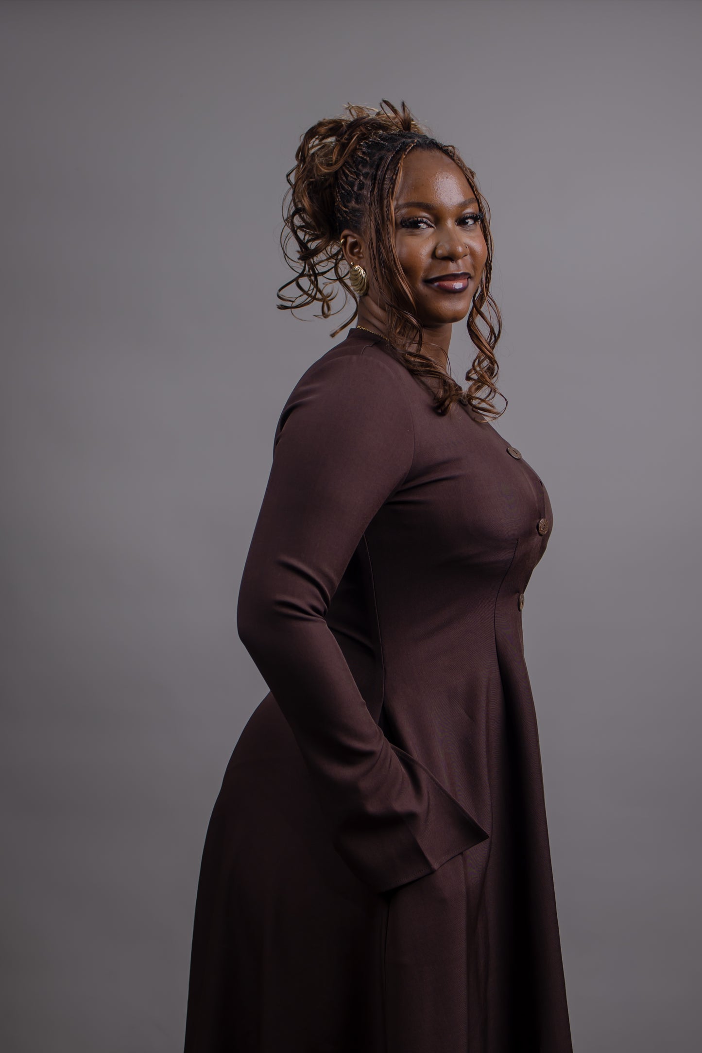 Button Down Long Sleeve Midi Dress (Brown)