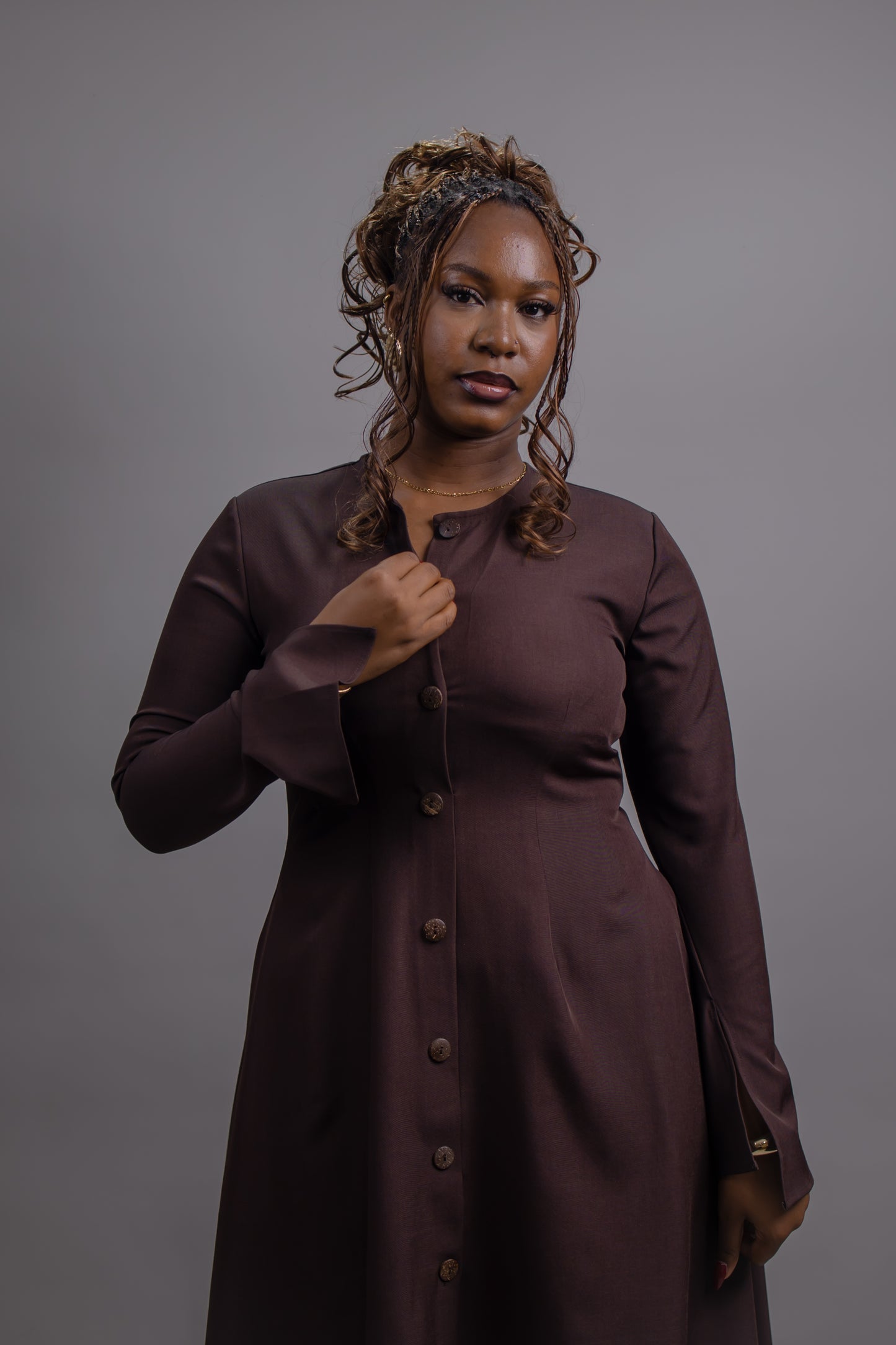 Elle Button Down Long Sleeve Midi Dress (Brown)