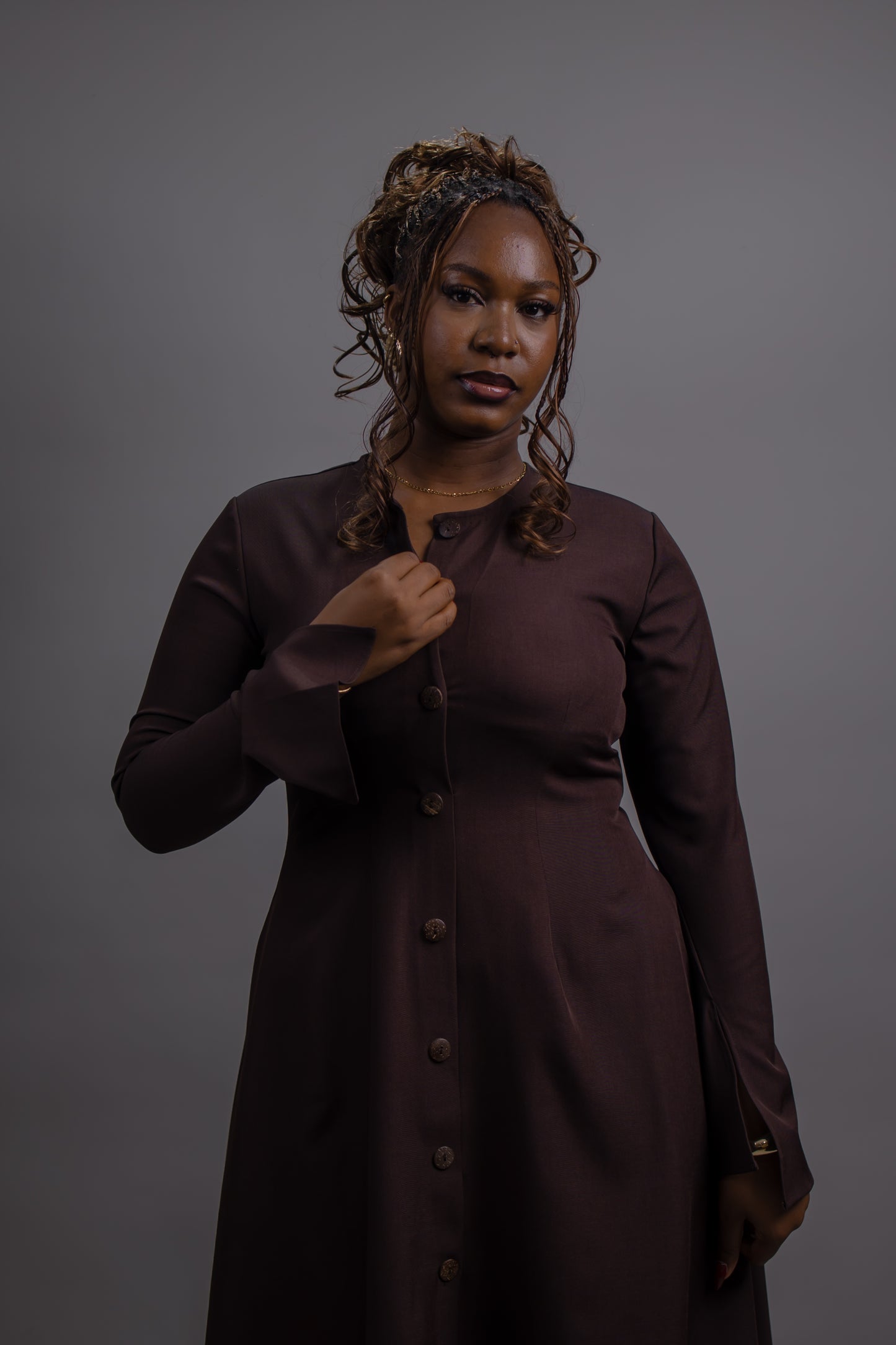 Button Down Long Sleeve Midi Dress (Brown)