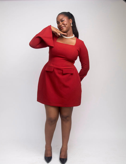 Mel Wine Structured Dress in Long Split Sleeves