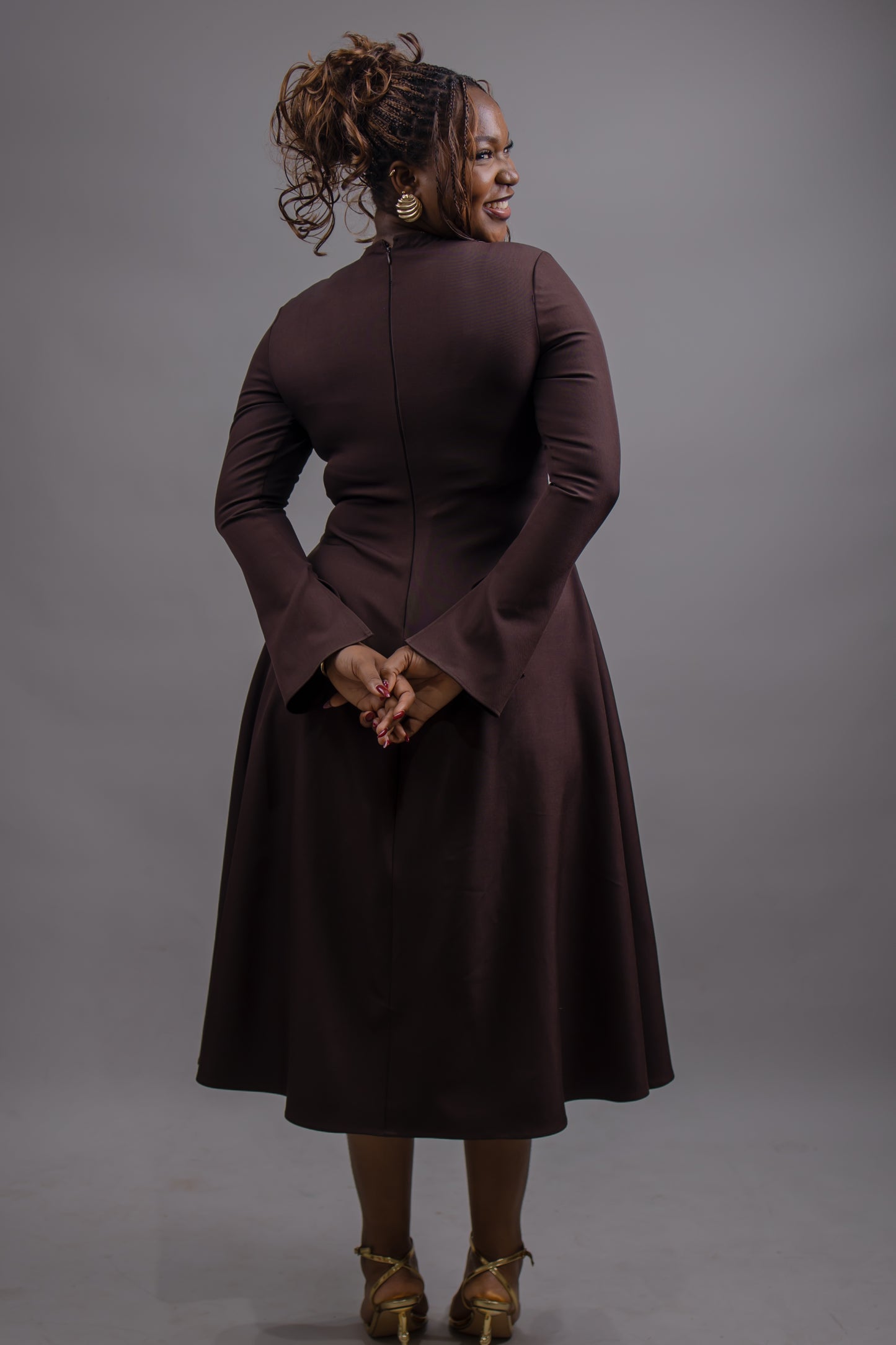 Button Down Long Sleeve Midi Dress (Brown)