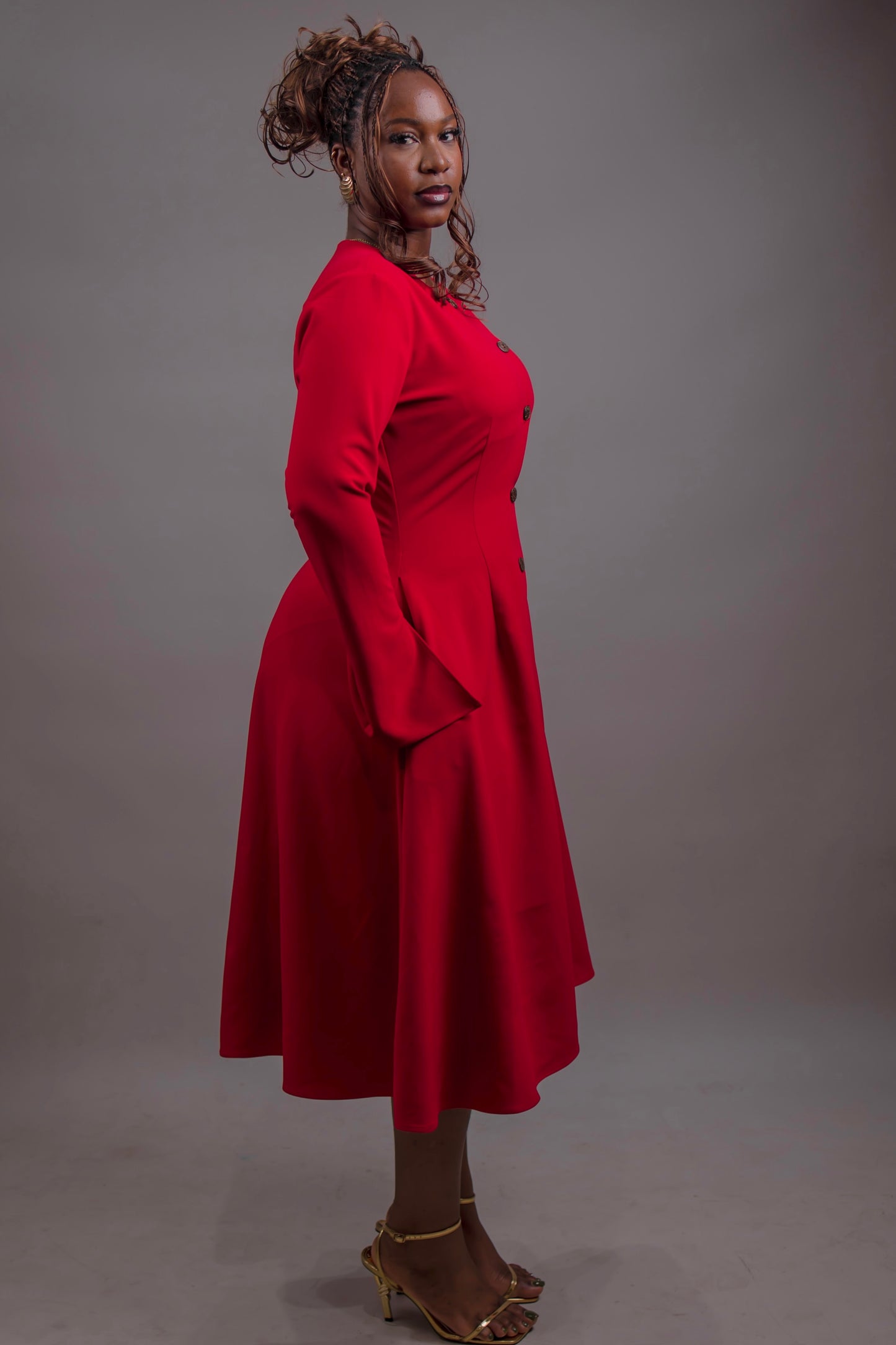 Button Down Long Sleeve Midi Dress (Red)