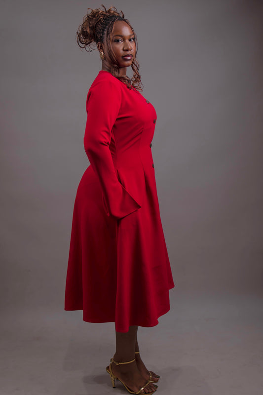 Button Down Long Sleeve Midi Dress (Red)