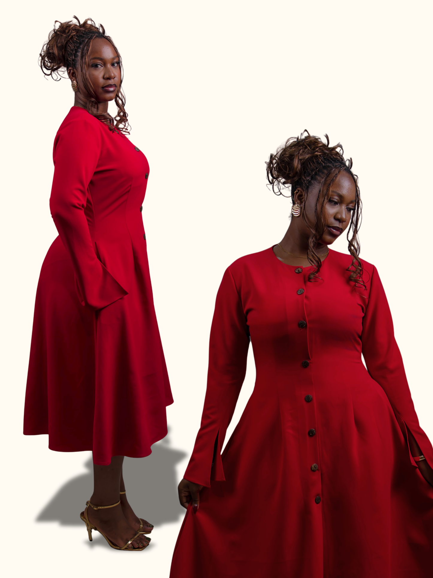 Button Down Long Sleeve Midi Dress (Red)