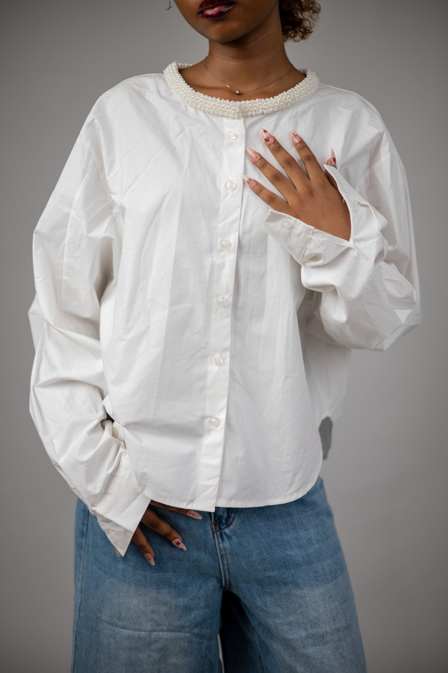 White Cotton Shirt with Pearls