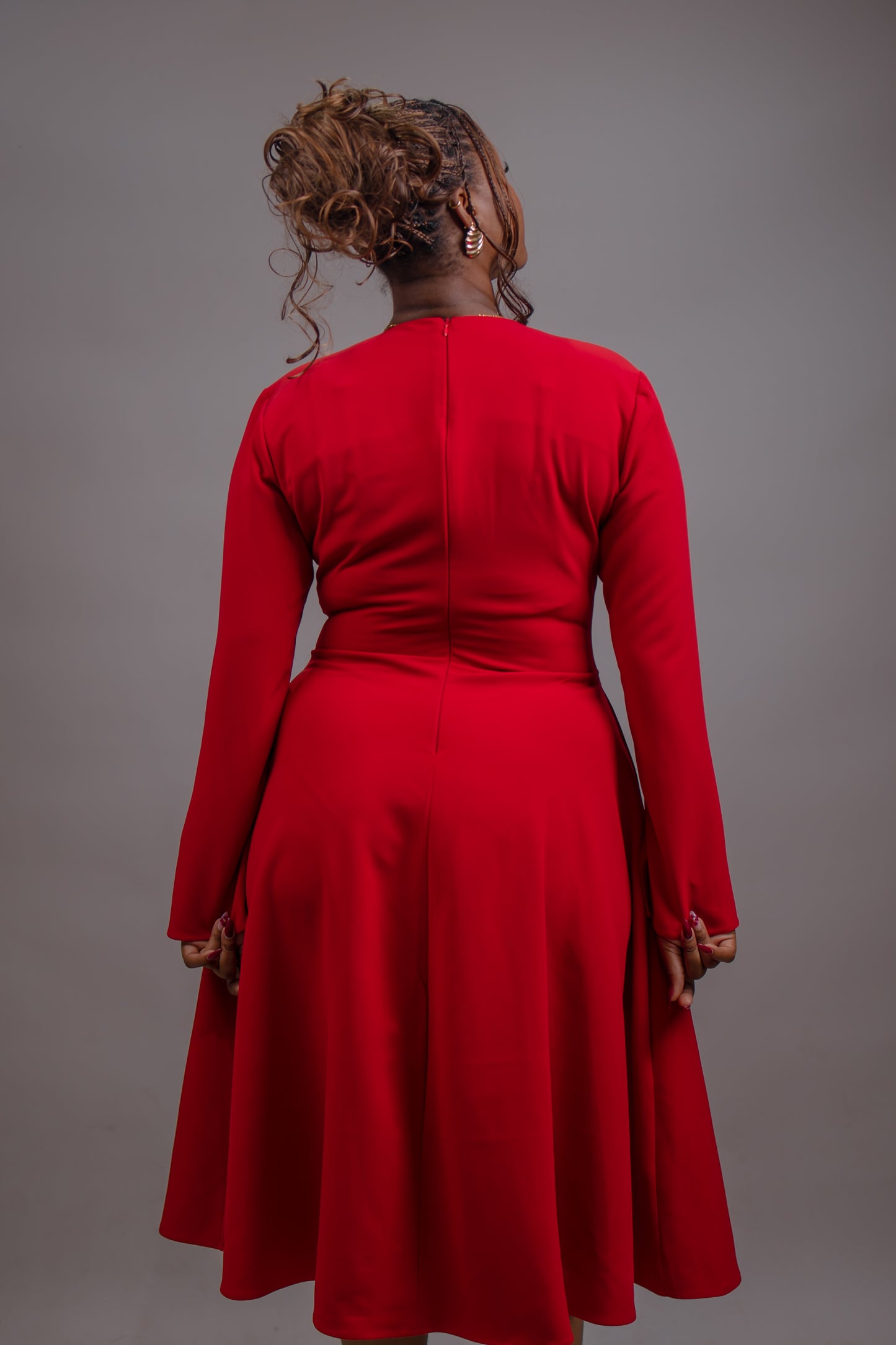 Button Down Long Sleeve Midi Dress (Red)